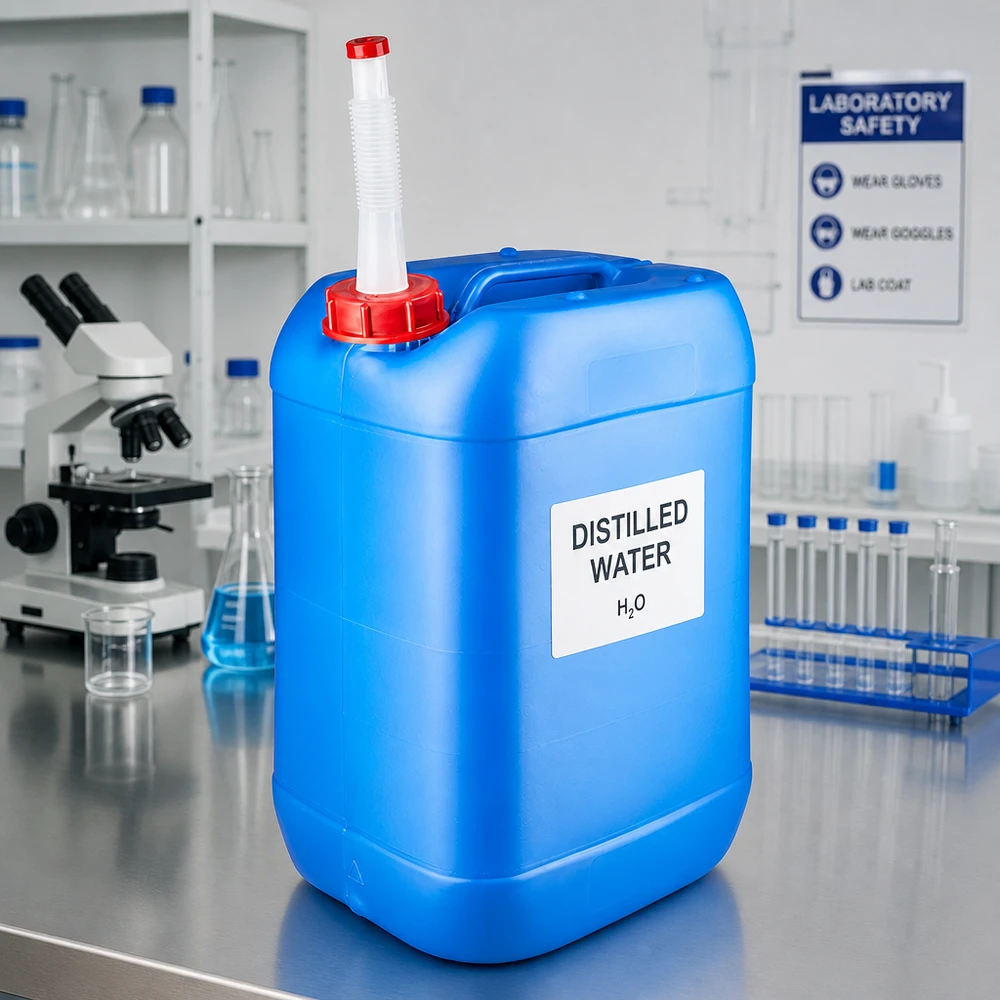 Kanister 25 litrów niebieski z rurką spustową Flex Kanister laboratoryjny o pojemności 25 litrów, niebieski, z elastyczną rurką wylotową do wody destylowanej w trakcie użytkowania