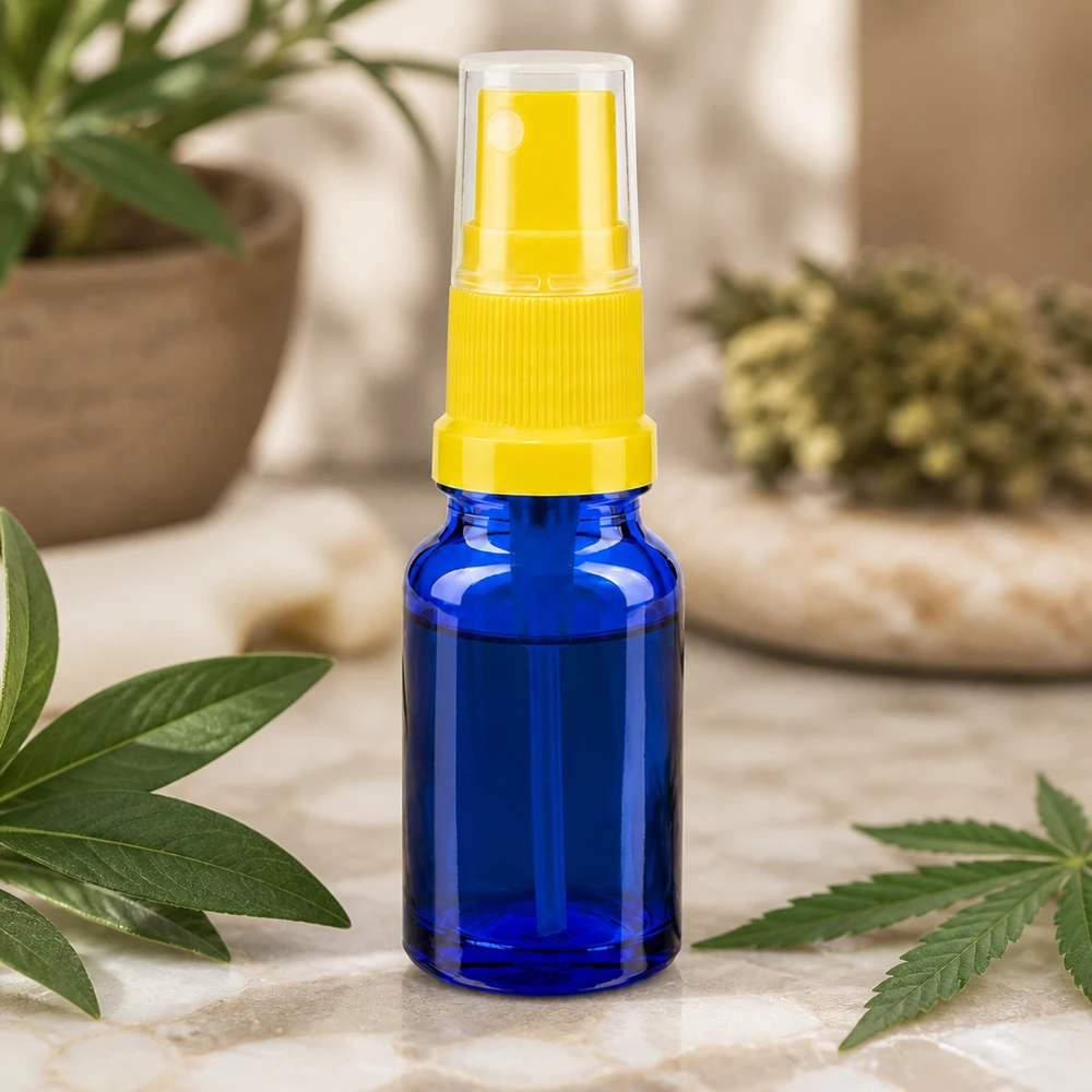 10 ml butelka ze spryskiwaczem żółta/przezroczysta STD BlueLine UT18/10 Wysokiej jakości niebieska szklana butelka 10 ml z żółtą głowicą rozpylającą do kosmetyków i produktów naturalnych BlueLine UT18 10