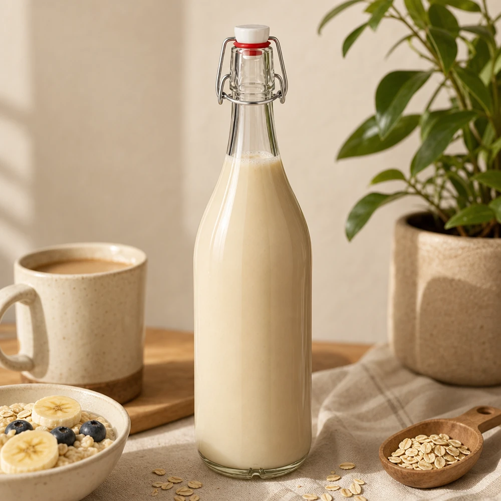 Szklana butelka 1000 ml i zamknięcie z uchwytem PVC UNiTWIST Szklana butelka o pojemności 1000 ml wypełniona mlekiem owsianym na drewnianym stole obok filiżanki kawy i płatków owsianych.
