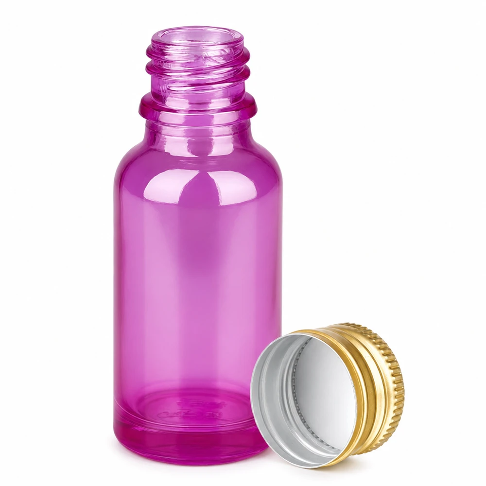 Butelka 20ml 11mm zakręcana aluminiowa złota standardowa PurpleLine. UT18/20 Fioletowa szklana butelka 20 ml z aluminiową zakrętką w kolorze złotym na olejki eteryczne