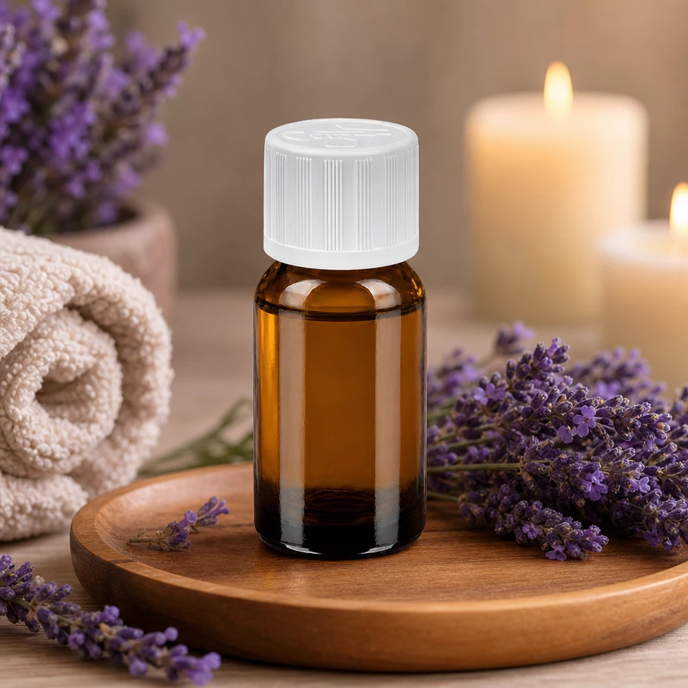 10 ml szklana butelka w kolorze bursztynowym z zakrętką zabezpieczającą przed dziećmi do bezpiecznej aromaterapii