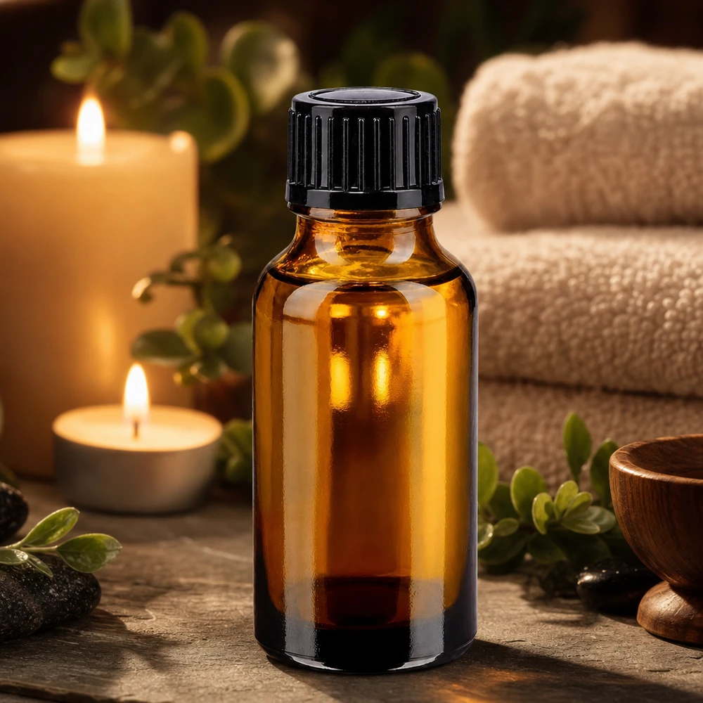 Brązowa buteleczka apteczna o pojemności 20 ml z czarną zakrętką z kroplomierzem 11 mm w atmosferze spa z świecami