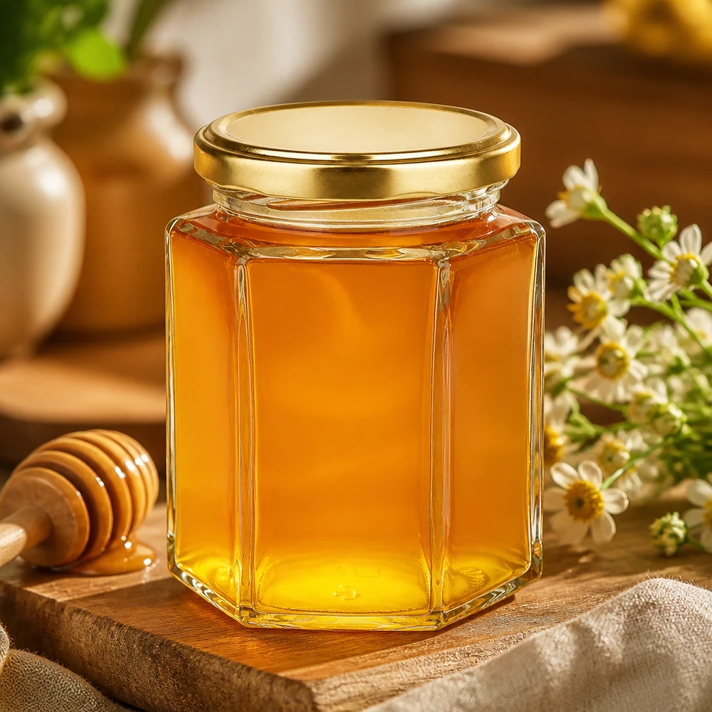 Słoik Hexaglas UNiTWIST o pojemności 191 ml ze złotą pokrywką BasicSeal, wypełniony złotym miodem, na drewnianej desce