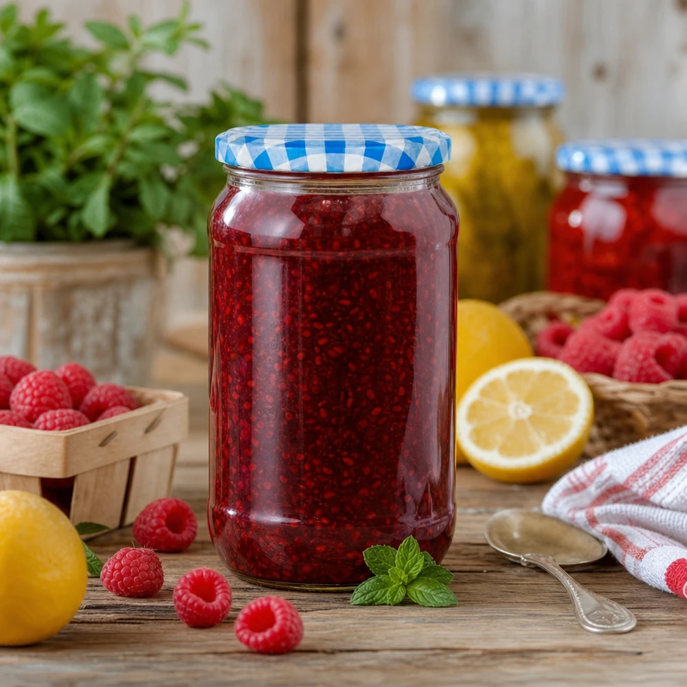 Słoik okrągły 1062 ml + pokrywka BasicSeal niebiesko-biała UN.. Okrągły słoik o pojemności 1062 ml wypełniony dżemem malinowym, z niebiesko-białą pokrywką BasicSeal, idealny do domowych dżemów i galaretek owocowych.