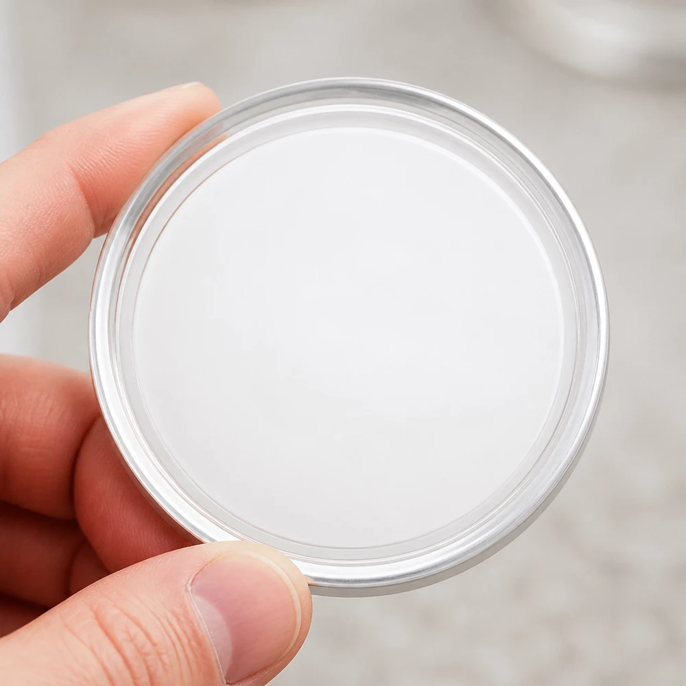 Zbliżenie na białą pokrywkę BasicSeal 58 mm TO58 UniTwist ze srebrną obwódką i gładką powierzchnią