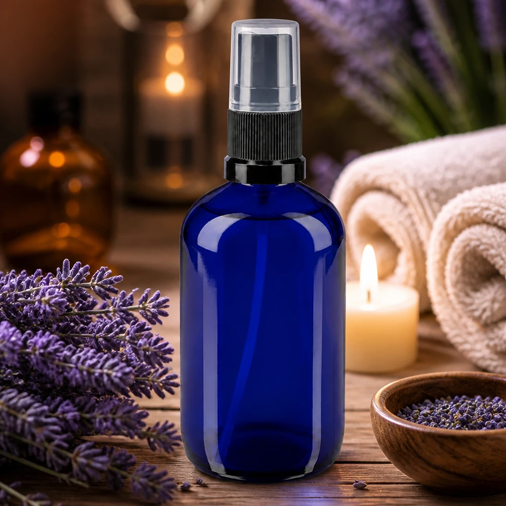 Butelka apteczna niebieska 100ml nasadka rozpylająca czarna Niebieska butelka z atomizerem o pojemności 100 ml w stylu aptecznym z lawendą i świecami w atmosferze spa