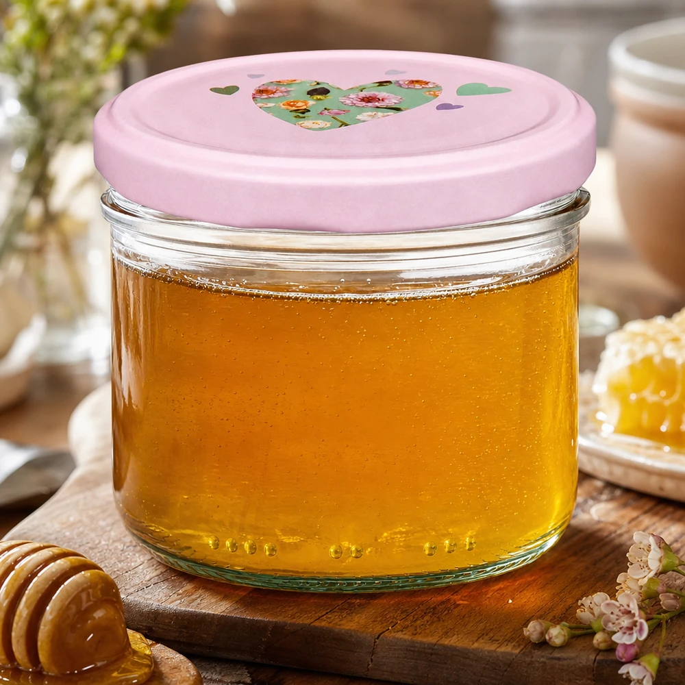 230 ml cylindryczny słoik z różową pokrywką w kształcie serca wypełniony złocistożółtym miodem, słoik na drewnianej desce z łyżką do miodu