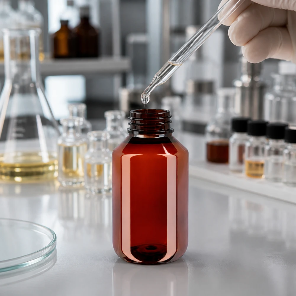Mała butelka PET w kolorze bursztynowym o pojemności 100 ml do próbek laboratoryjnych, z białym zamknięciem na zatrzask