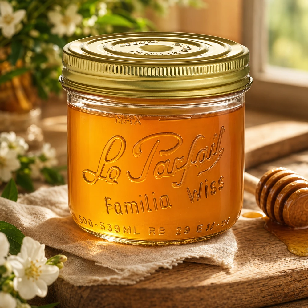 539ml Sturzglas "Familia Wiss" 2-teiliges Deckelsystem Le Pa Kubki Familia Wiss o pojemności 539 ml ze złotą pokrywką wypełnione miodem na drewnianym stole z łyżką miodu i kwiatami