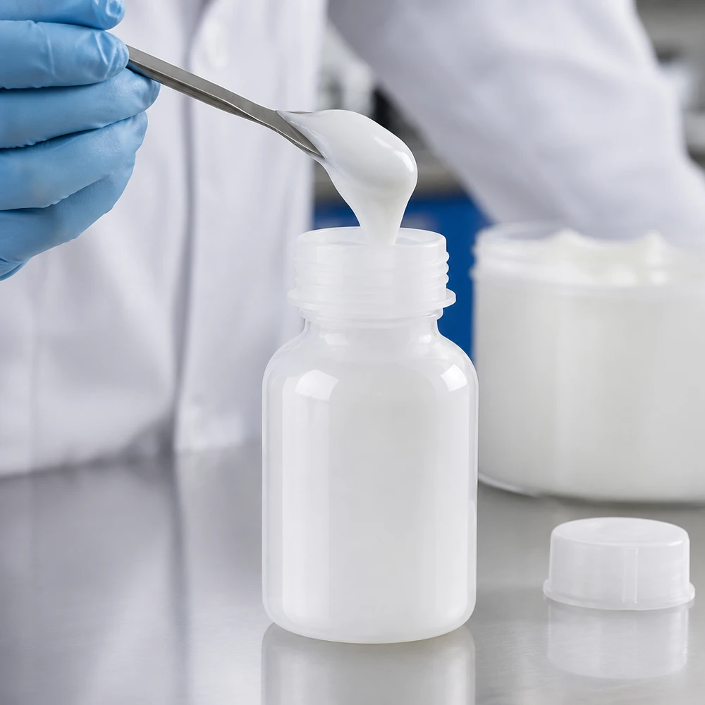 Technik laboratoryjny napełnia białą maść za pomocą łopatki do plastikowej butelki laboratoryjnej o szerokiej szyjce o pojemności 100 ml