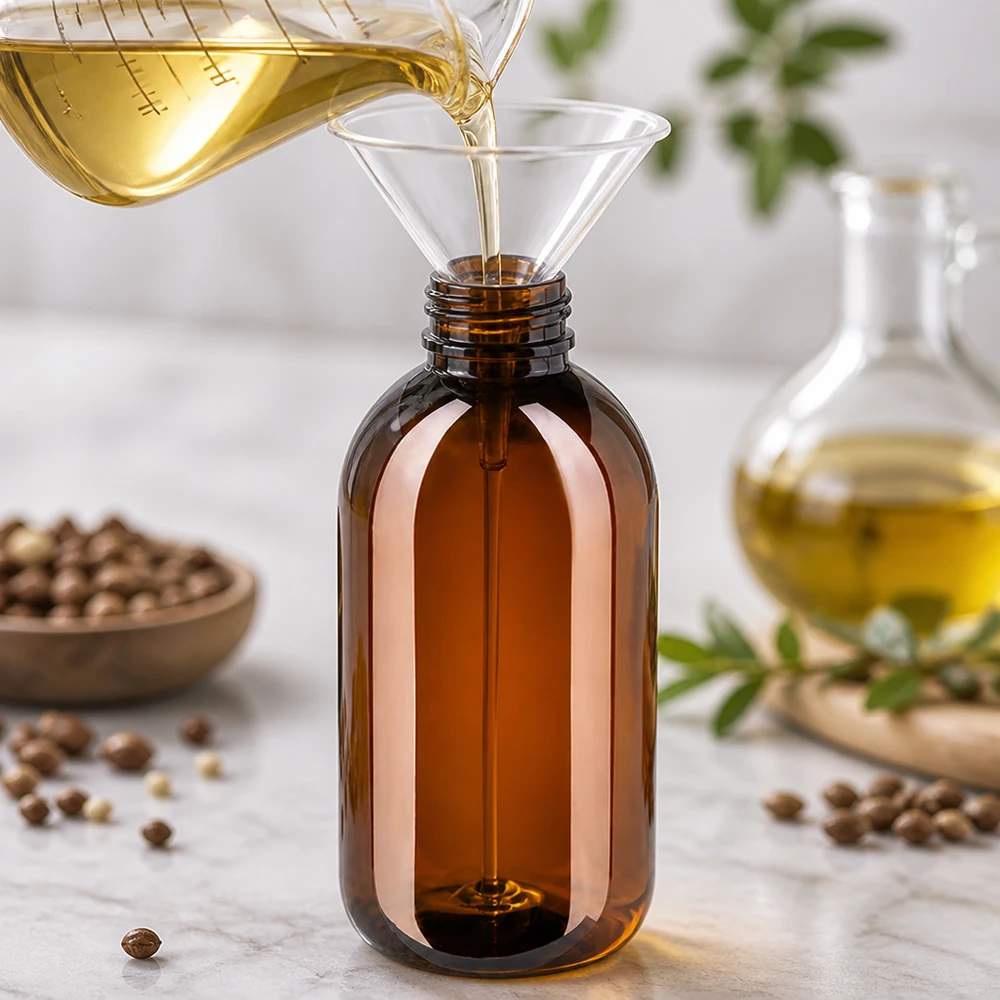 Braune Weithalsflasche 250ml aus PET mit Standardverschluss für Kosmetiköle und Pflegeprodukte