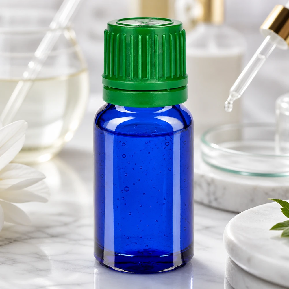 10 ml szklana butelka chroniąca przed promieniowaniem UV w kolorze kobaltowo-niebieskim z rowkowaną zieloną zakrętką do substancji wrażliwych na światło
