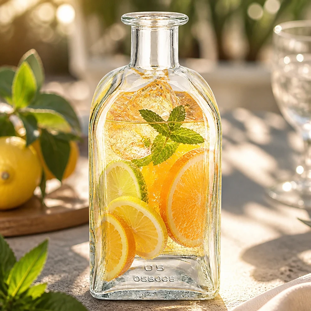 500 ml szklana butelka Julia wypełniona naparem z owoców cytrusowych i mięty w słonecznym ogrodzie jako orzeźwiający napój