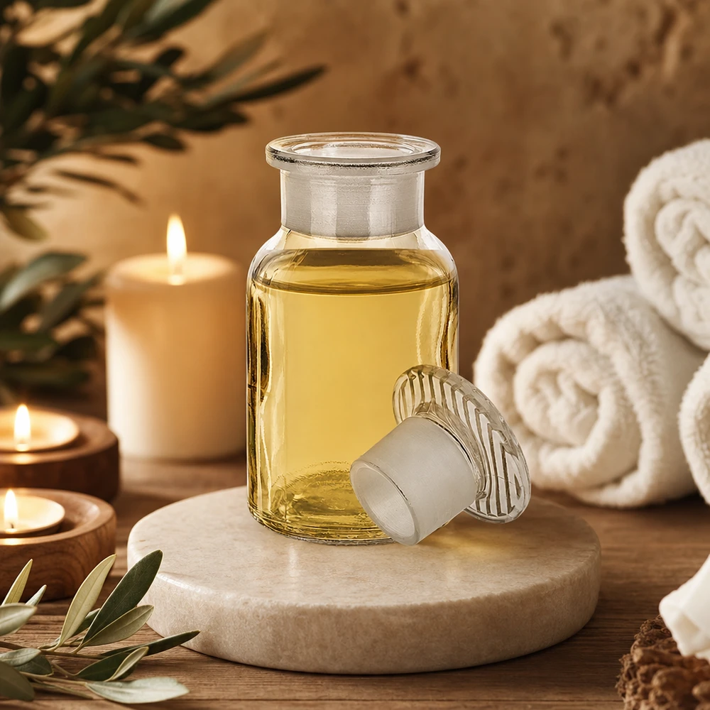 Okrągła butelka na ramię 100 ml, przezroczysta, szklana zatyczka z szeroką szyjką Butelka o zaokrąglonych ramionach, 100 ml, przezroczysta, z szeroką szyjką i szklanym korkiem, przeznaczona do olejków eterycznych i olejków do masażu
