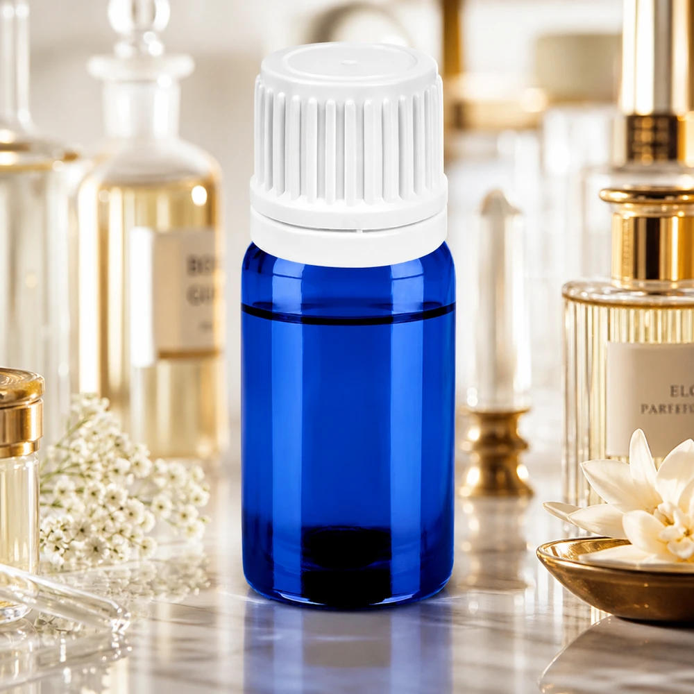 Butelka z zakraplaczem 5 ml 0,7 mm biała OV BlueLine UT18/5 Wysokiej jakości szklana butelka 5 ml w kolorze niebieskim z białą zakrętką do kosmetyków i farmaceutyków