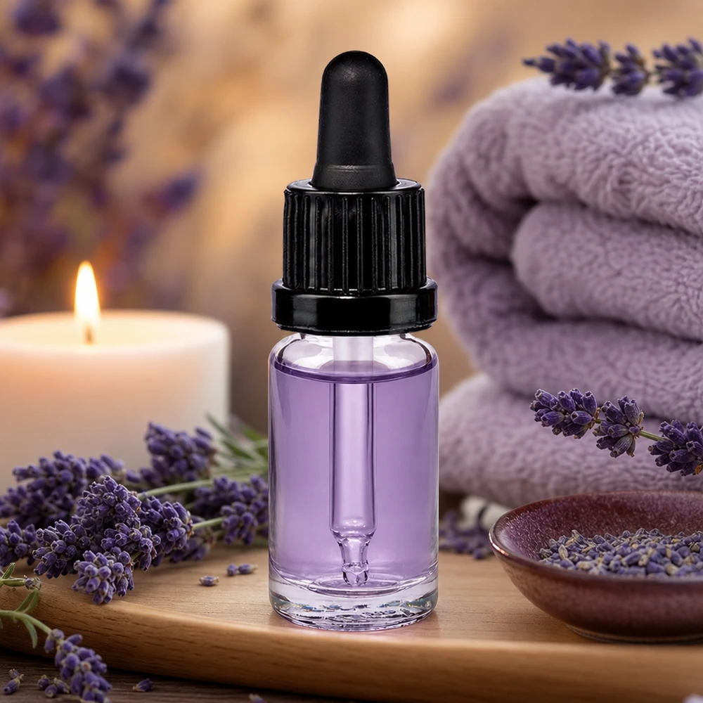 Buteleczka z pipetą o pojemności 10 ml z fioletowym olejkiem lawendowym, czarną pipetką OV i świecą w stylizacji spa