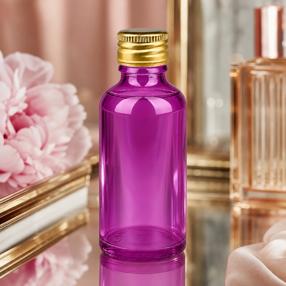 Elegancka butelka o pojemności 50 ml z gwintem UT18/50 i złotym aluminiowym korkiem zapewnia luksusową prezentację produktu.