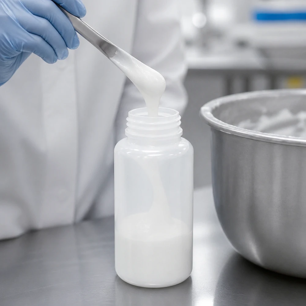 Biała, mleczna butelka laboratoryjna o pojemności 1000 ml z szeroką szyjką podczas napełniania kremową substancją przez rękawicę laboratoryjną