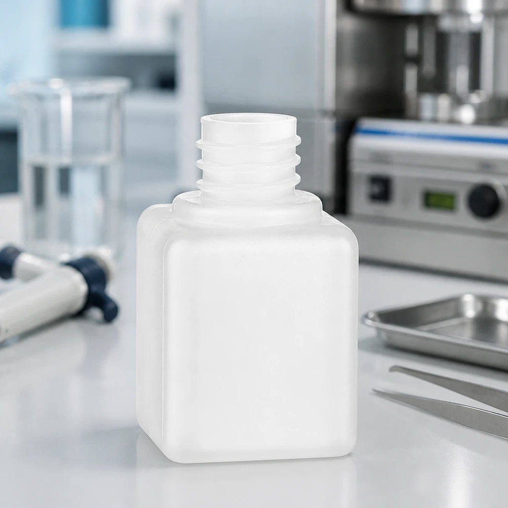 Butelka na chemikalia 20ml, wąska szyjka wykonana z PE-HD, kolor naturalny, GL 18 Butelka na chemikalia 20 ml, PE-HD, kwadratowa, z wąską szyjką, gwint GL18, bez pokrywki, do zastosowań laboratoryjnych