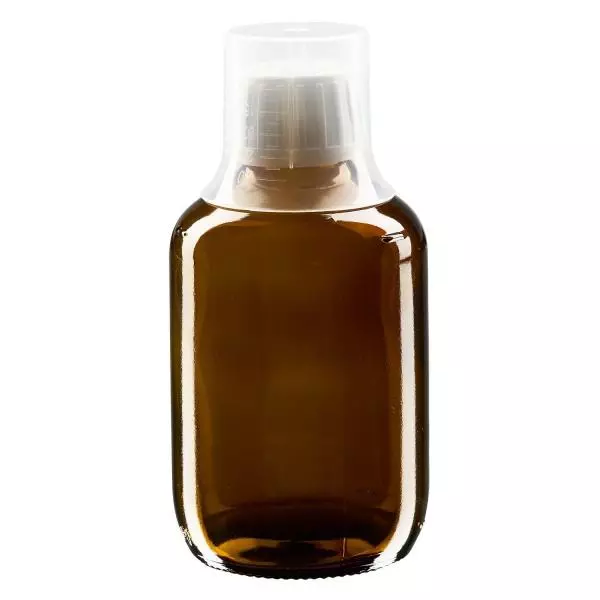 Butelka na lek 200 ml brązowa, zakrętka OV z kubkiem dozującym 30 ml ApoGlas. Farmaceutyczna jakość produkcji UE. Gwint 28 mm (PP28). (syrop, butelka z lekkiego szkła) Butelka na lek 200 ml brązowa, zakrętka OV z kubkiem dozującym 30 ml ApoGlas. Farmaceutyczna jakość produkcji UE. Gwint 28 mm (PP28). (syrop, butelka z lekkiego szkła)