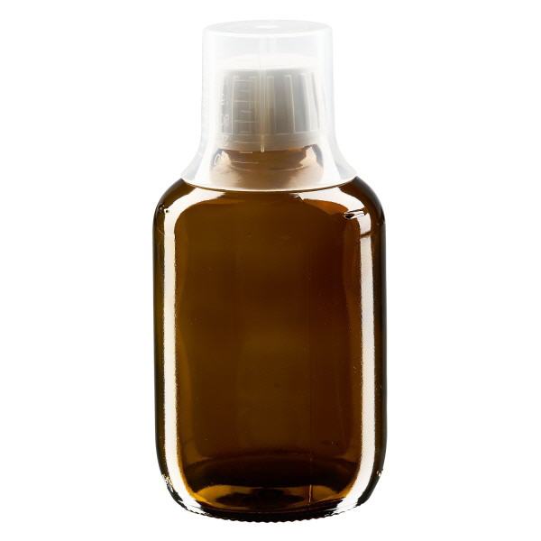 Butelka na lek 200 ml br&#261;zowa, zakr&#281;tka OV z kubkiem dozuj&#261;cym 30 ml ApoGlas. Farmaceutyczna jako&#347;&#263; produkcji UE. Gwint 28 mm (PP28). (syrop, butelka z lekkiego szk&#322;a)