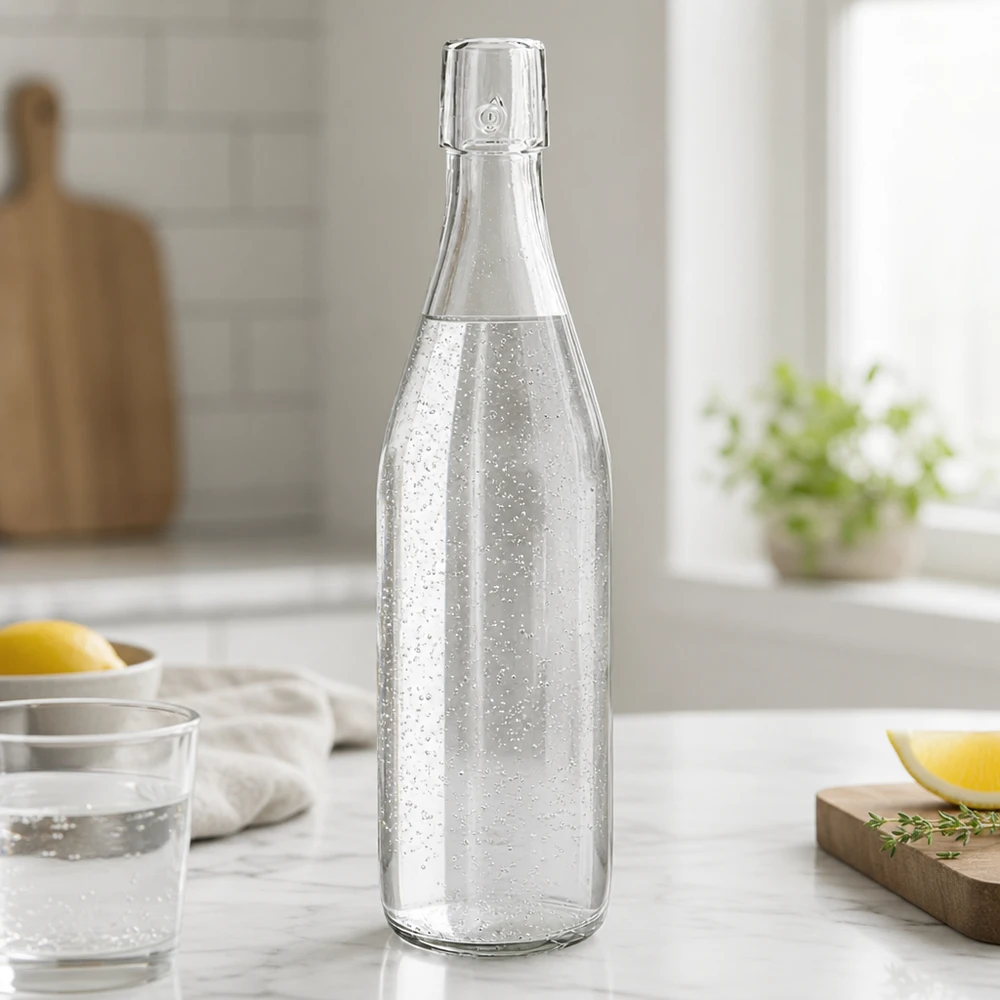 500 ml szklana butelka UNiTWIST wypełniona wodą gazowaną na marmurowym blacie w nowoczesnej białej kuchni z cytryną