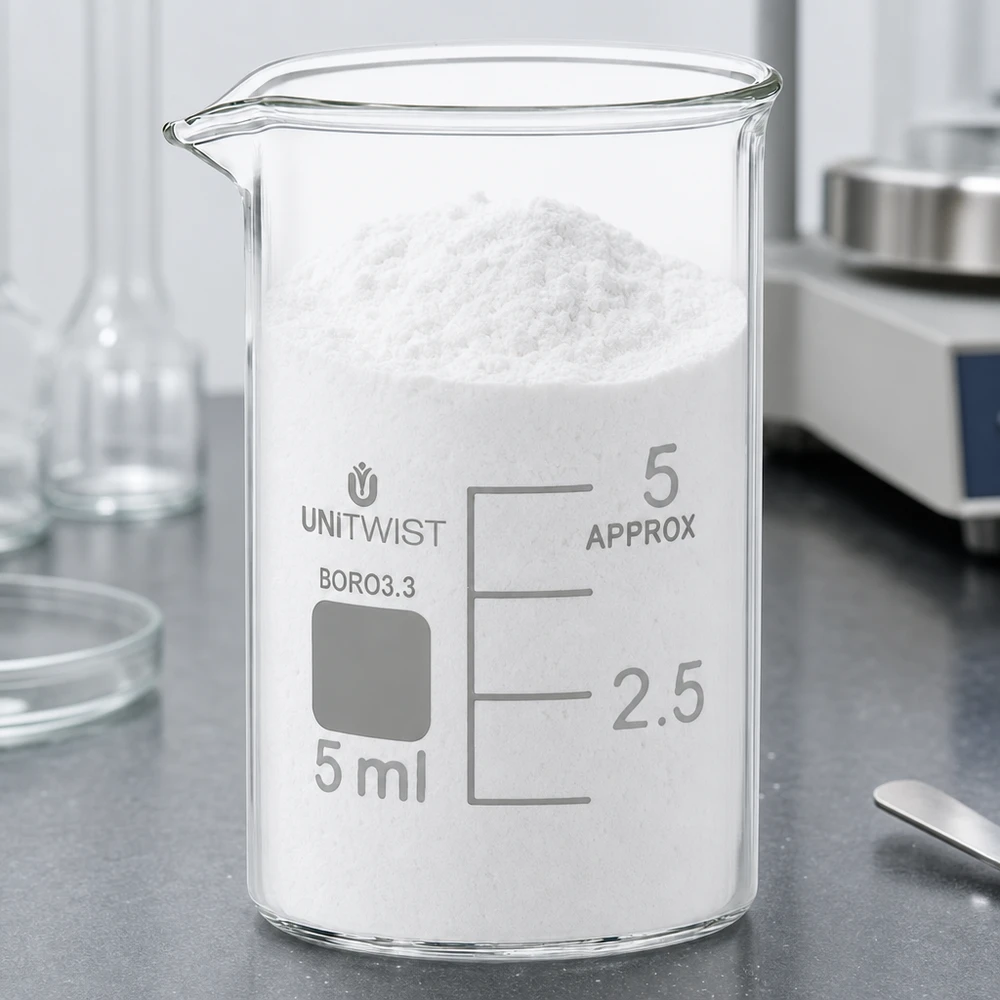 Zlewka 5 ml borokrzemianowa, niska forma UNiTWIST Biały proszek w szklanej zlewce UNiTWIST o pojemności 5 ml, wykonanej z borokrzemianu, o niskim profilu, na szarym blacie laboratoryjnym