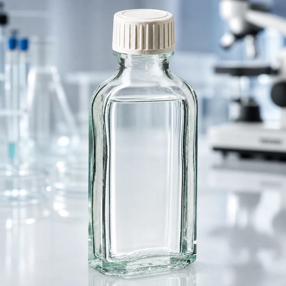 50 ml Przezroczysta zakrętka Meplat z wkładką z pianki PE Płaska szklana butelka typu „Meplat” o pojemności 50 ml z żebrowaną białą zakrętką na białym blacie laboratoryjnym