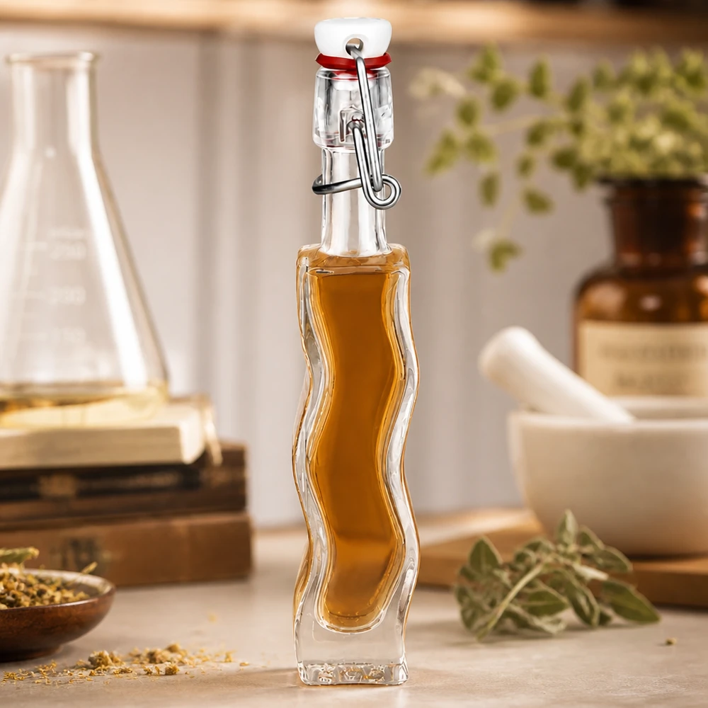 40 ml szklana butelka Anna wypełniona płynem w kolorze miodu w rustykalnej kuchni z ziołami i szklanymi naczyniami