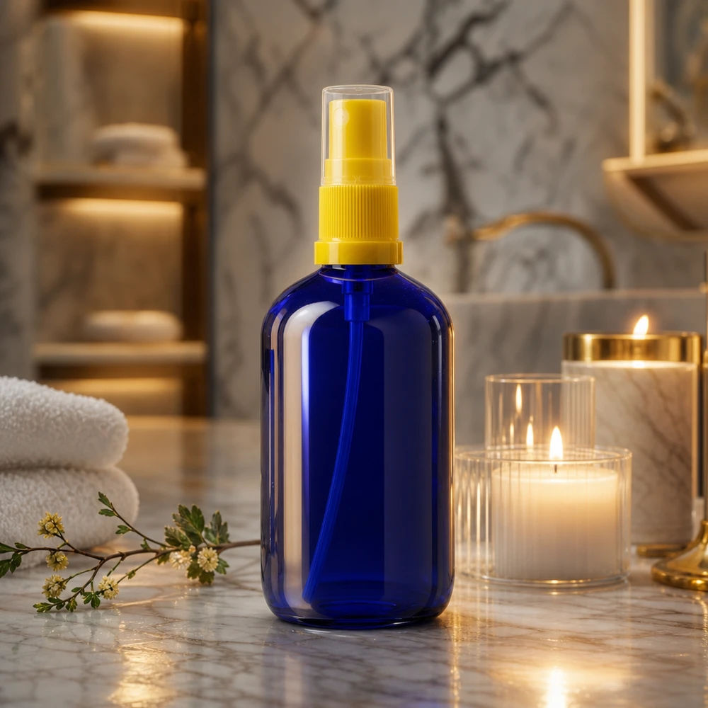 Butelka apteczna niebieska 100ml nasadka rozpylająca żółta Niebieska szklana butelka STD o pojemności 100 ml z żółtą głowicą rozpylającą obok świec w eleganckiej łazience