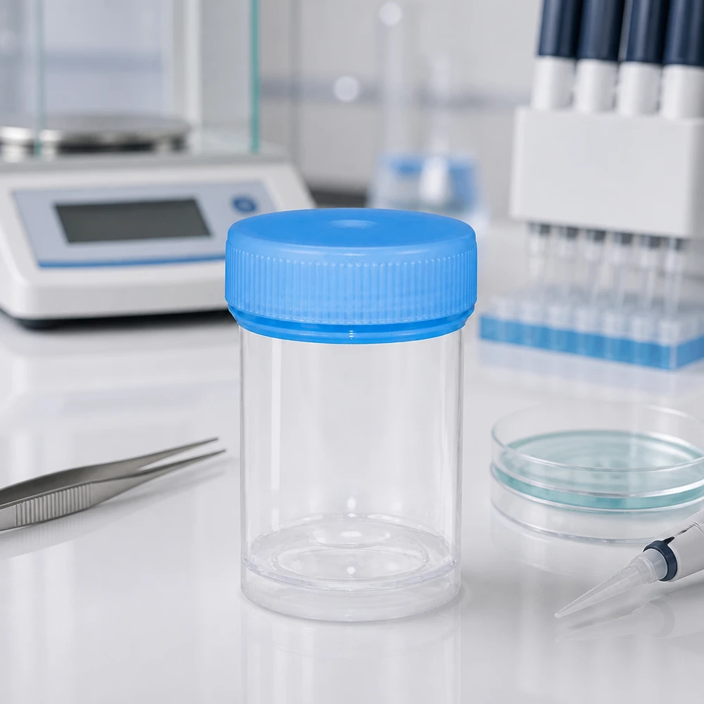 Puste plastikowe opakowanie o pojemności 35 ml z niebieską zakrętką w sterylnym środowisku laboratoryjnym