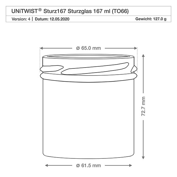 UNiTWIST Sturz167 - kubki o pojemności 167ml TO66 UNiTWIST Sturz167 Sturzglas 167ml TO66 rysunek techniczny z wymiarami średnica 65mm wysokość 72,7mm waga 127g