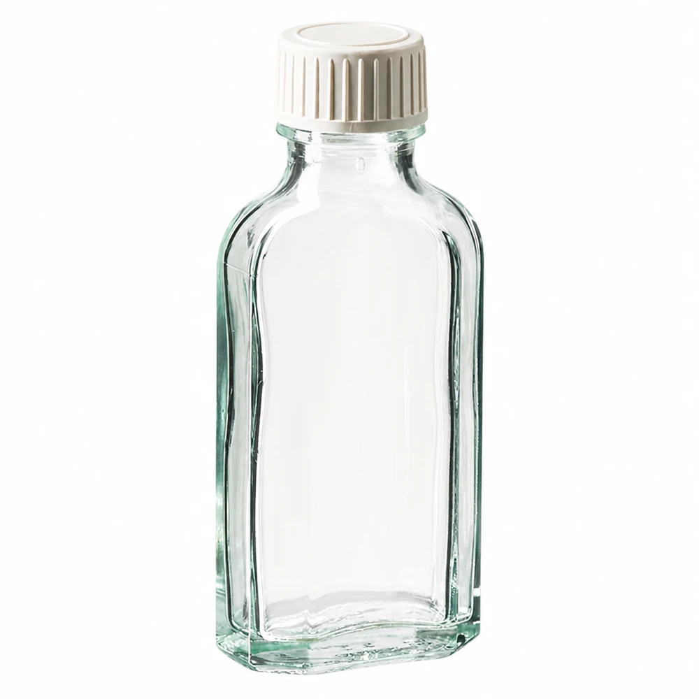 Przezroczysta szklana butelka Meplat o pojemności 50 ml z białą zakrętką i wkładką z pianki PE
