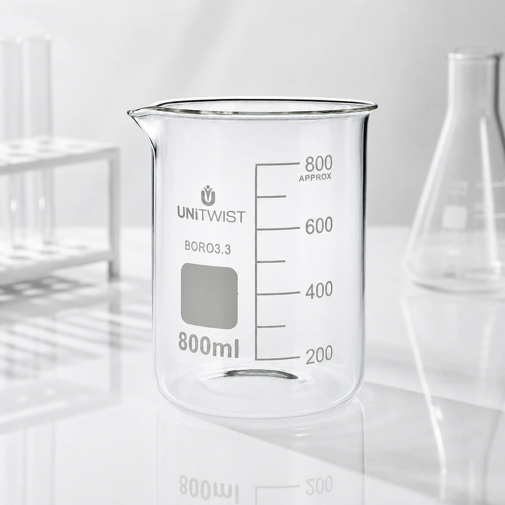 Pusta szklanka UNiTWIST o pojemności 800 ml, wykonana ze szkła borokrzemowego 3.3, o niskim kształcie, z podziałką w ml na białym tle