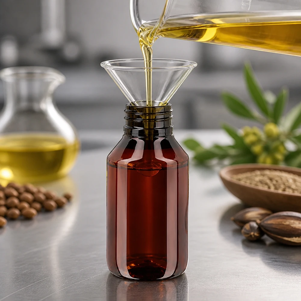 Mała butelka PET o pojemności 50 ml w kolorze ciemnoczerwonym z zamknięciem odgazowującym, przeznaczona do napełniania żółtym olejem