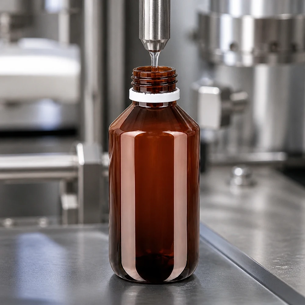 Butelka farmaceutyczna o pojemności 200 ml, wykonana z PET w kolorze bursztynowym, jest przemysłowo napełniana płynem