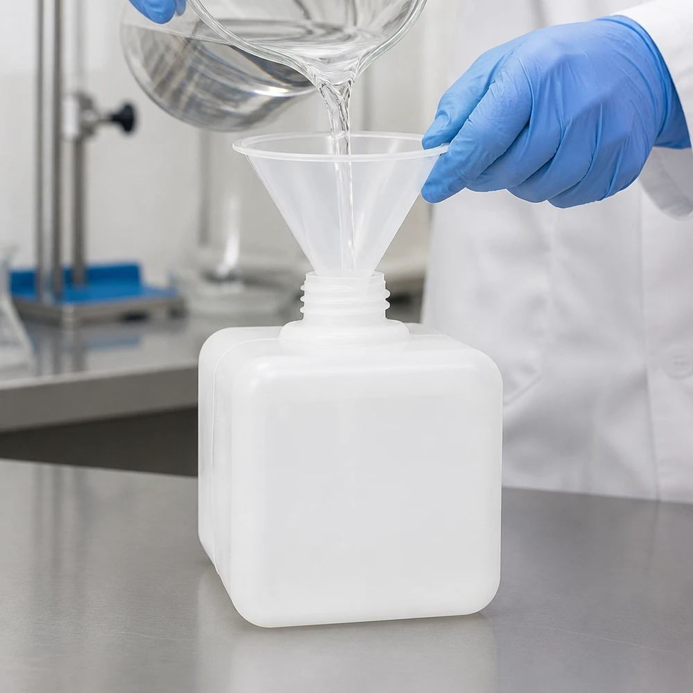 Butelka na chemikalia 500ml, wąska szyjka wykonana z PE-HD, kolor naturalny, GL 32 Laborant przelewa płyn przez plastikowy lejek do białej butelki na chemikalia z PE-HD o pojemności 500 ml, z gwintem GL32