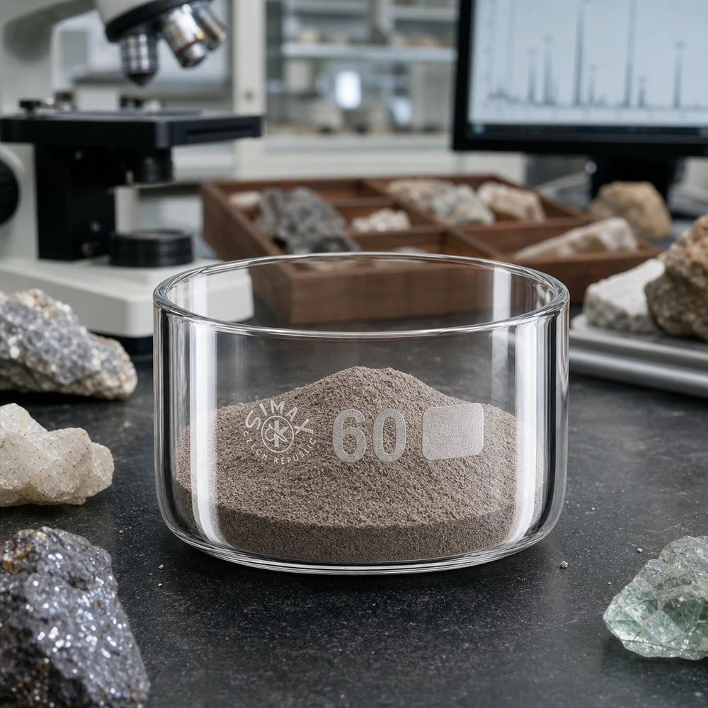 Naczynie do krystalizacji 60 ml bez dziobka Borokrzemianowe Miska do krystalizacji o pojemności 60 ml z drobnym proszkiem mineralnym na ciemnym blacie laboratoryjnym, otoczona próbkami skał