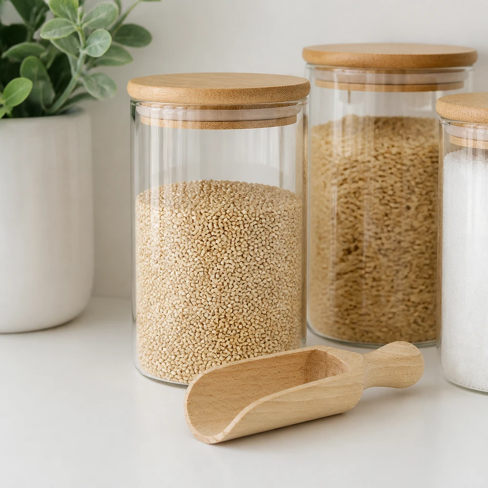 Drewniana łopata w rozmiarze M o półokrągłym kształcie i długości 14 cm Holzschaufel M 14cm mit Vorratsgläsern und Quinoa in moderner Küche - praktisches Küchenhelfer-Styling