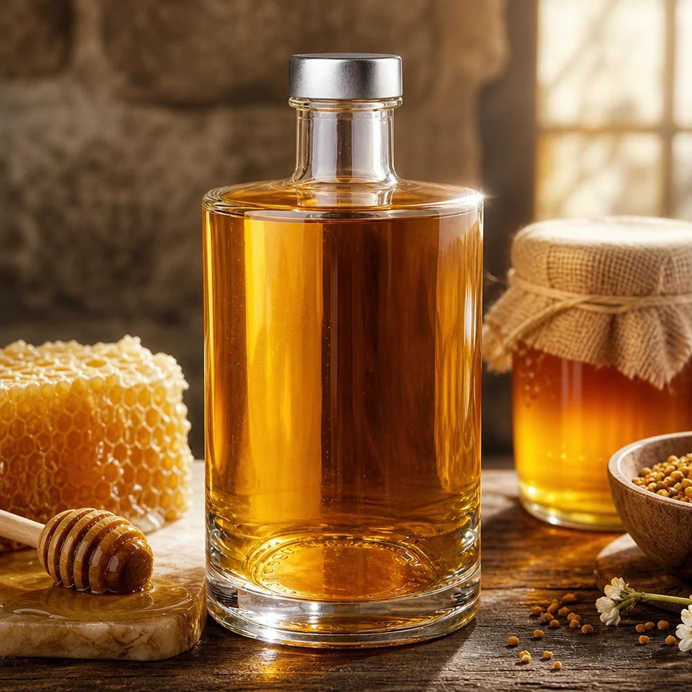 375ml szklana butelka Sam wypełniona złotym miodem obok plastra miodu i słoika na miód - butelka spirytusowa z zakrętką