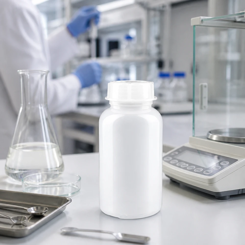 Butelka laboratoryjna 500 ml z szeroką szyjką i zakrętką Robuste 500ml Laborflasche mit Schraubverschluss neben Präzisionswaage und Laborbesteck