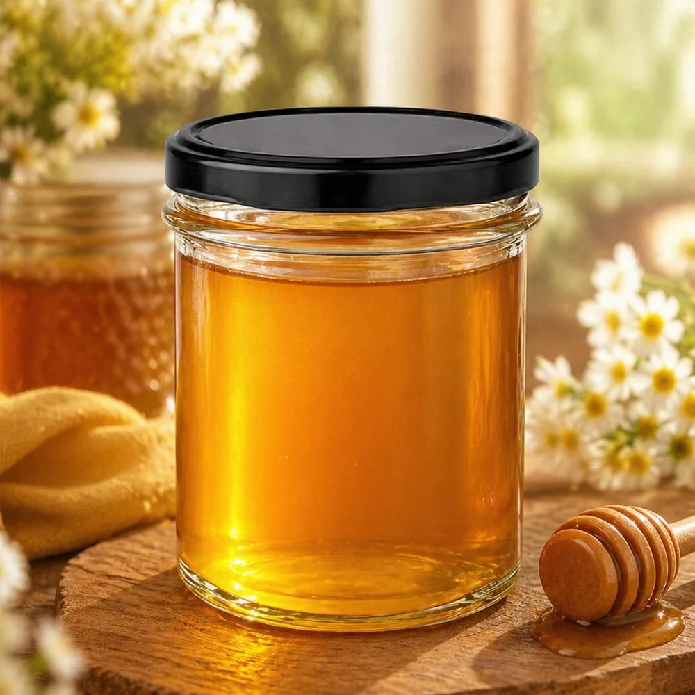 230 ml słoik z czarną pokrywką wypełniony złotym miodem obok łyżki miodu na drewnianej desce z naturalną dekoracją