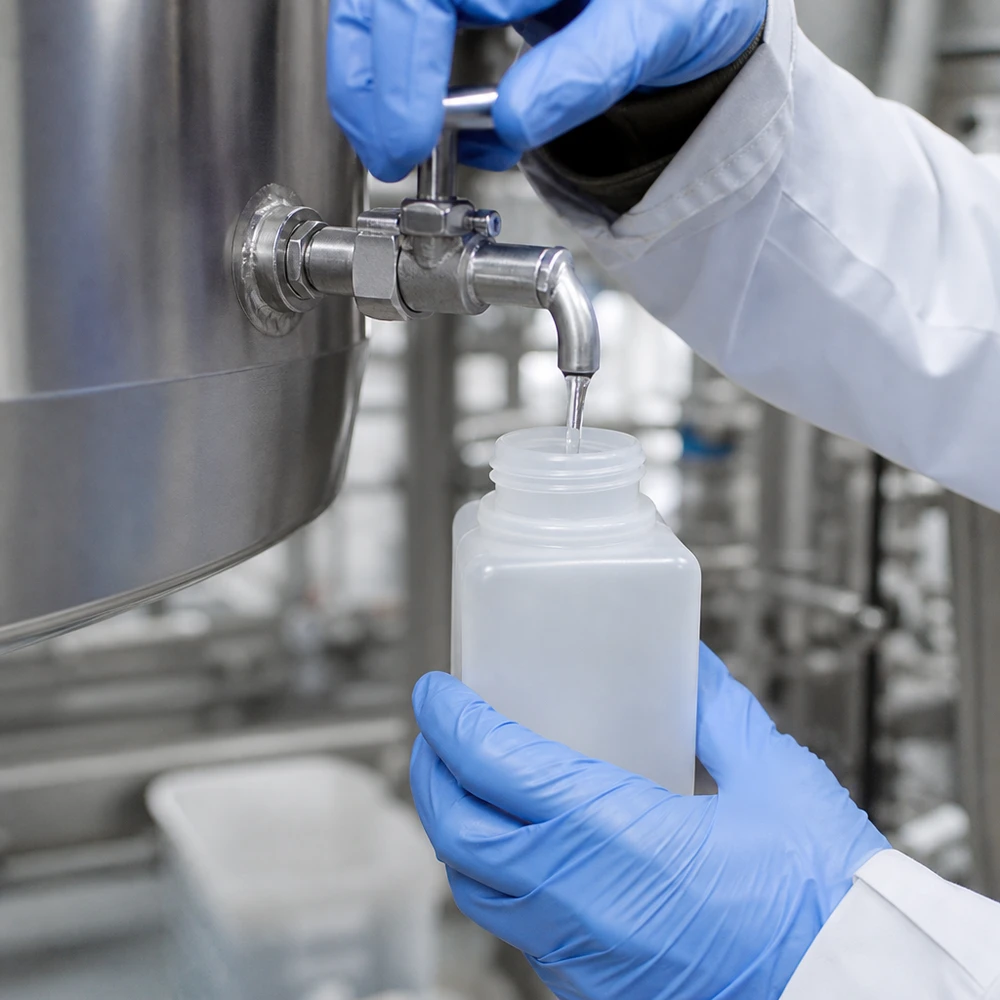 Laborant pobiera próbkę cieczy ze zbiornika przemysłowego do butelki na chemikalia z PE-HD o pojemności 20 ml i wąskiej szyjce