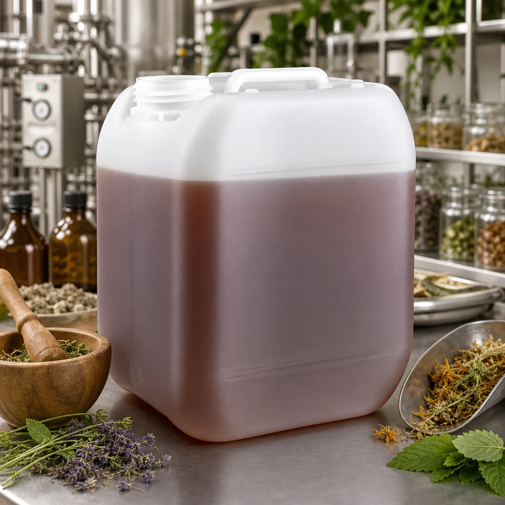 Kanister 5 litrów bez korka 5-litrowy kanister bez zamknięcia z brązowym płynem ziołowym stosowany w produkcji kosmetyków naturalnych