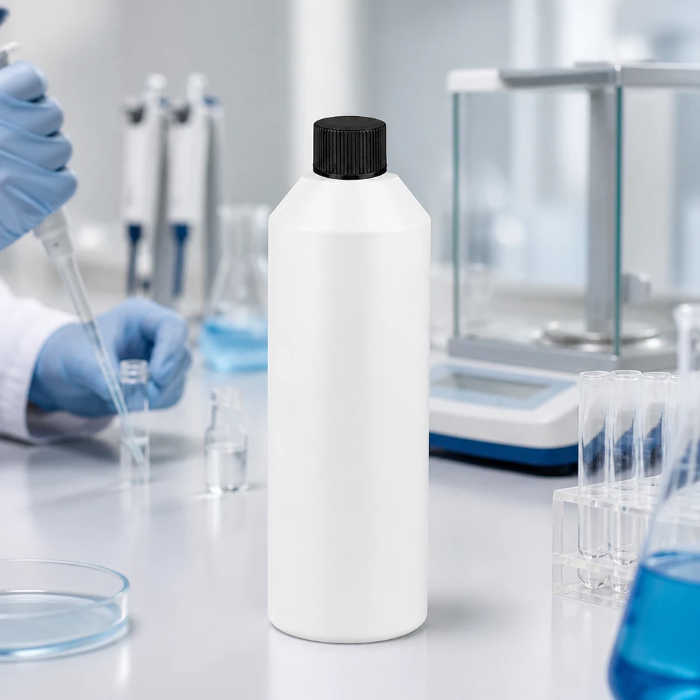 Butelka apteczna HDPE 250 ml biała, z czarnym SV Butelka apteczna z HDPE o pojemności 250 ml, biała, z czarnym zamknięciem zabezpieczającym, w laboratorium