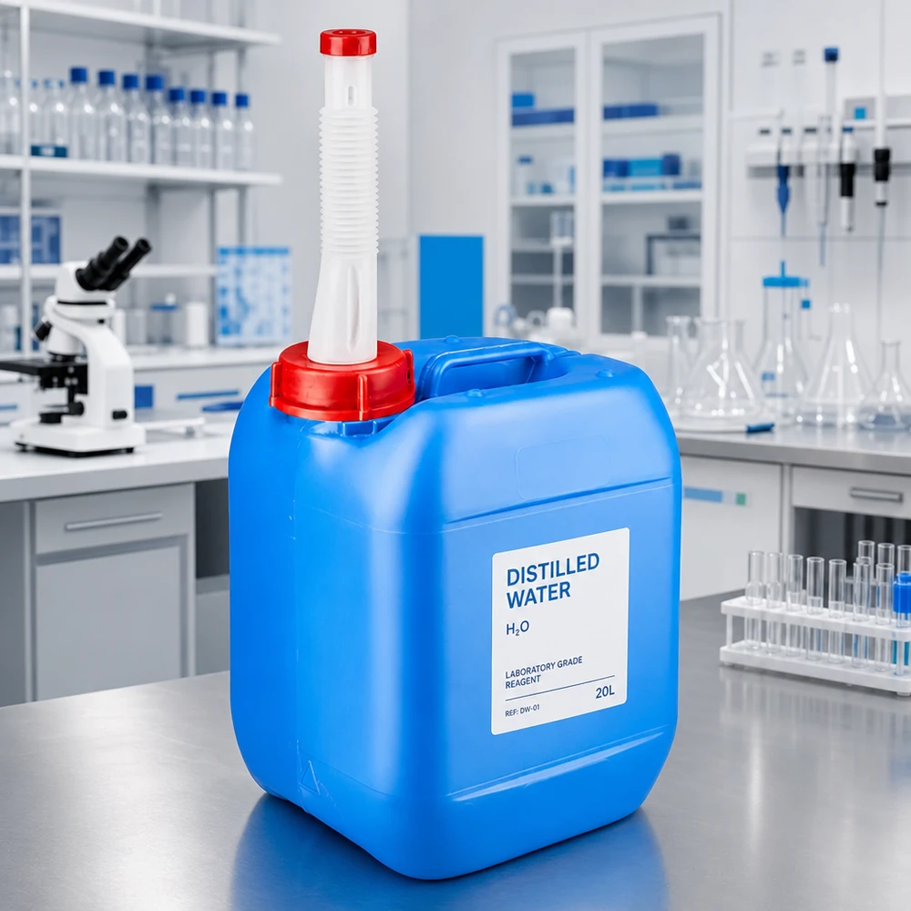 Kanister 5 litrów niebieski z rurką spustową Flex Woda destylowana – kanister laboratoryjny 5 l, niebieski, z białą, elastyczną rurką wylotową i czerwoną pokrywką