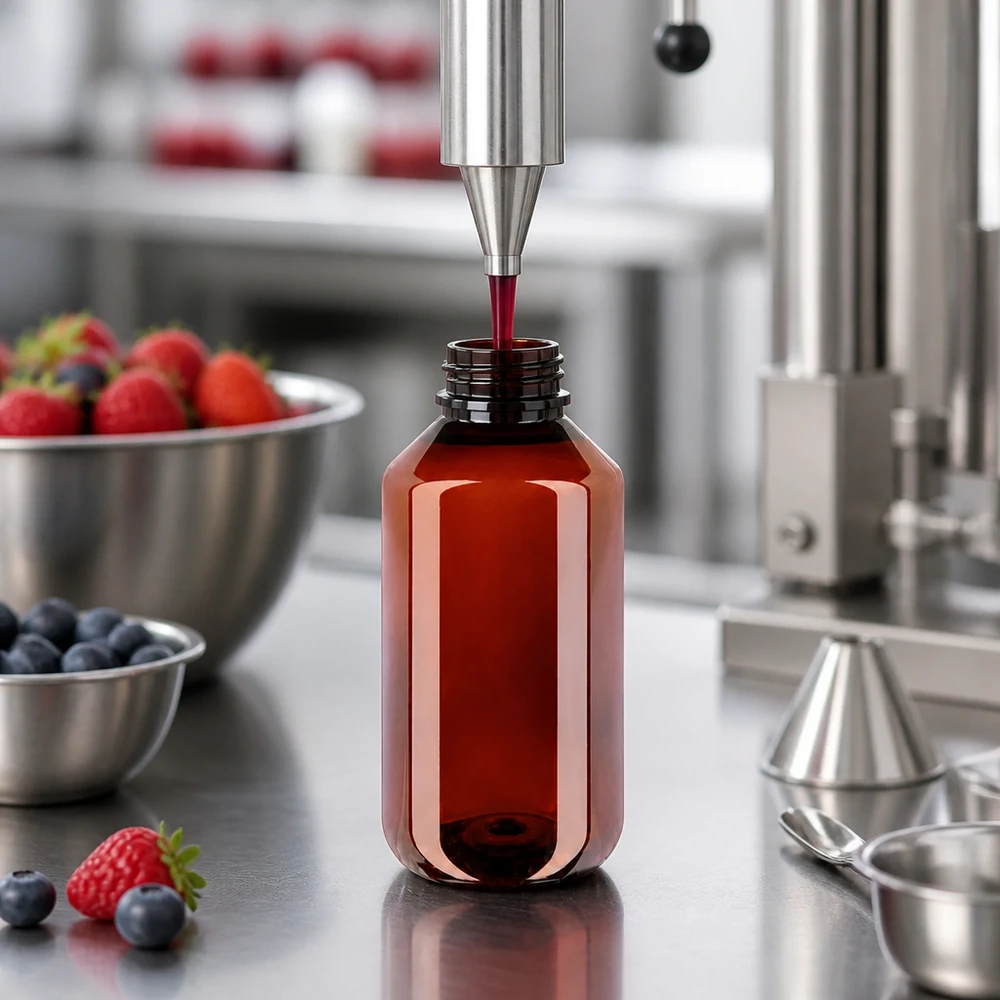 Butelka PET 100 ml z białą nakrętką typu flip-top. Linia rozlewnicza napełnia brązową butelkę PET o pojemności 100 ml czerwonym sokiem jagodowym w środowisku produkcyjnym
