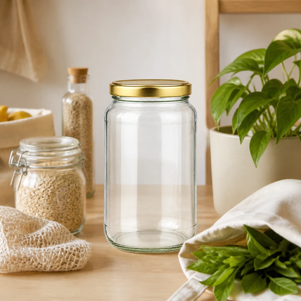 Słoik okrągły z pokrywką BasicSeal, 1700 ml, złoty UNiTWIST 1700ml Rundglas BasicSeal gold in nachhaltiger Zero-Waste Küche mit Vorratsgläsern und frischen Kräutern
