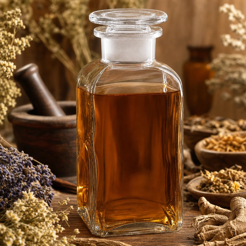Kwadratowa butelka 350 ml, przezroczysta, szklana zatyczka z szeroką szyjką Butelka kwadratowa o pojemności 350 ml z szeroką szyjką, szklanym korkiem, ziołami i moździerzem na drewnianym stole