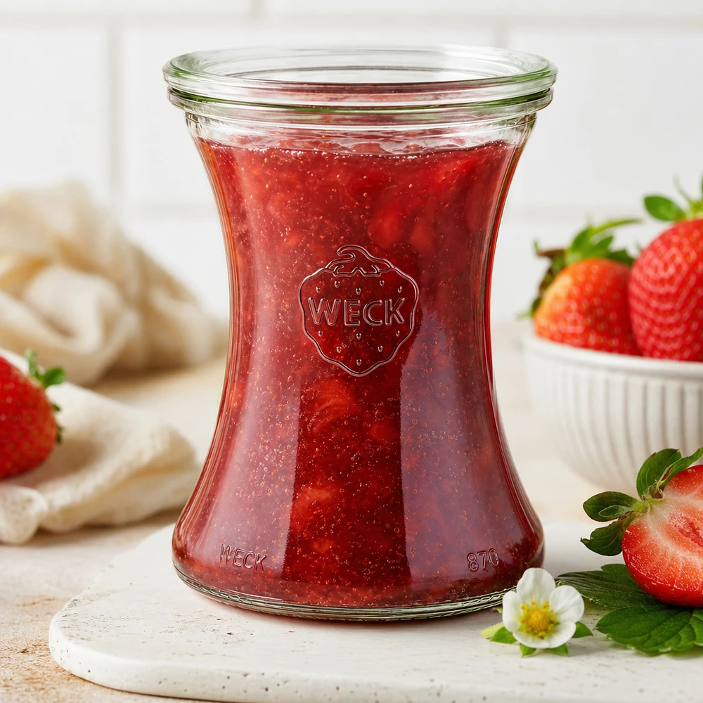 Słoik delikatesowy WECK 370ml RR80 z domową konfiturą truskawkową na marmurowej desce w otoczeniu świeżych truskawek